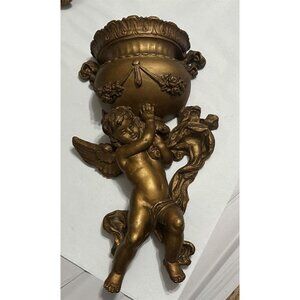 Cherub Angel Wall Pocket Planter Gold Hollywood Regency Universal Statuary 70's